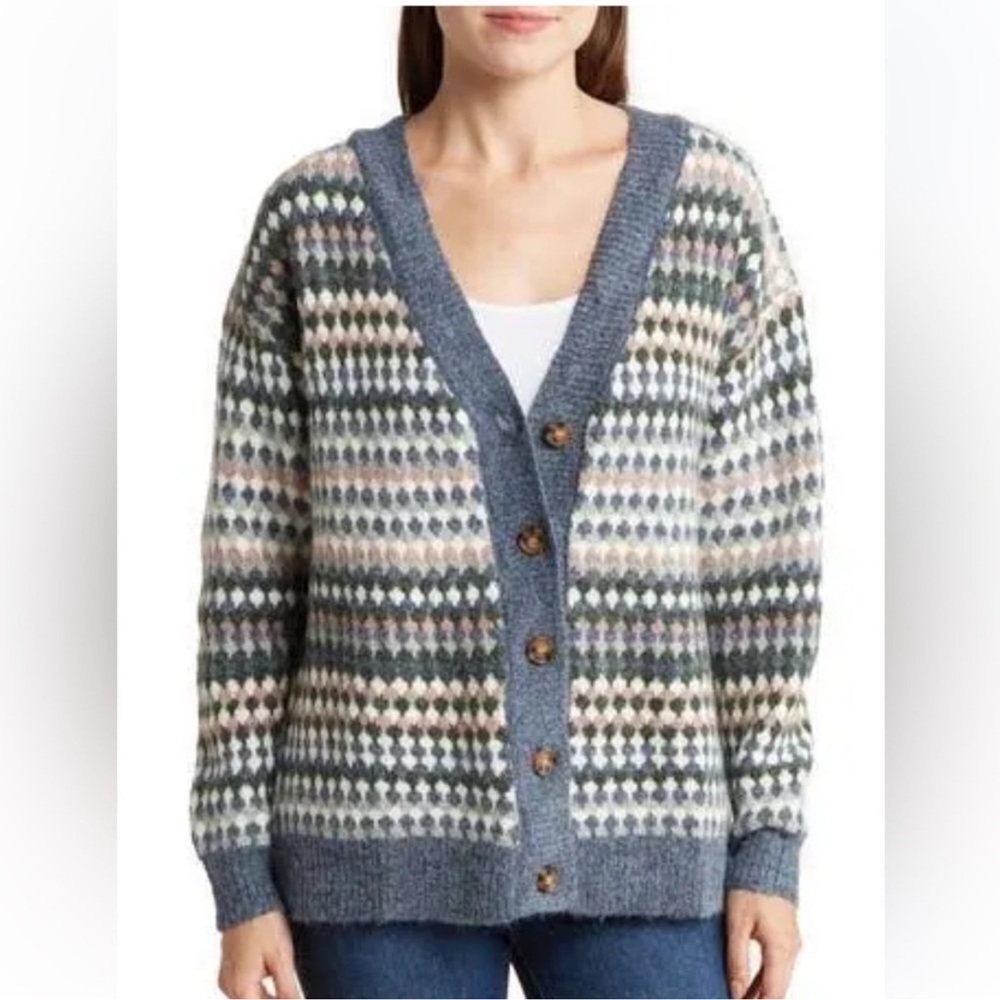 Kensie Diamond Knit Button Down Cardigan Sweater Blue XL NWOT